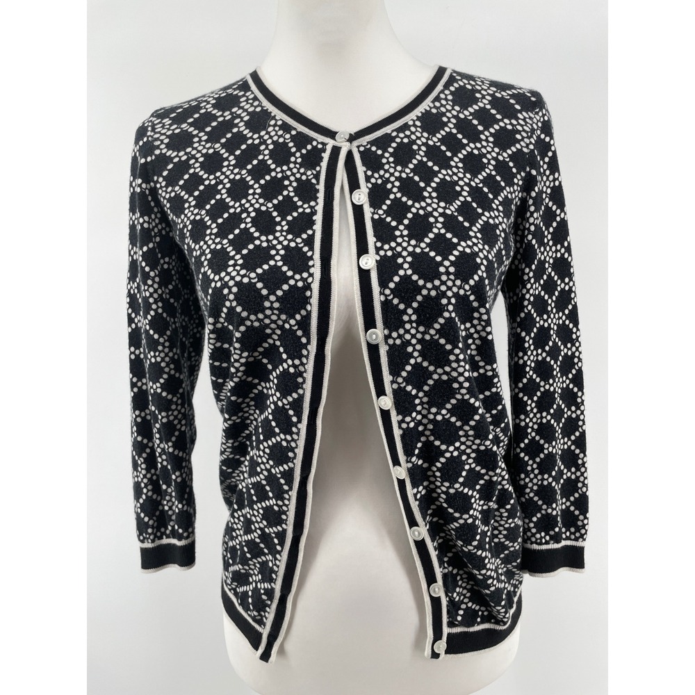 Talbots Cardigan Sweater Women XS Black White Preppy Classic Button Front Career